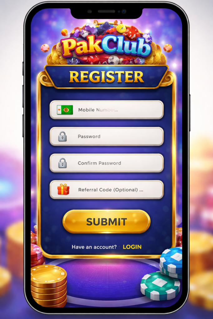 Pakclub game Registration screen